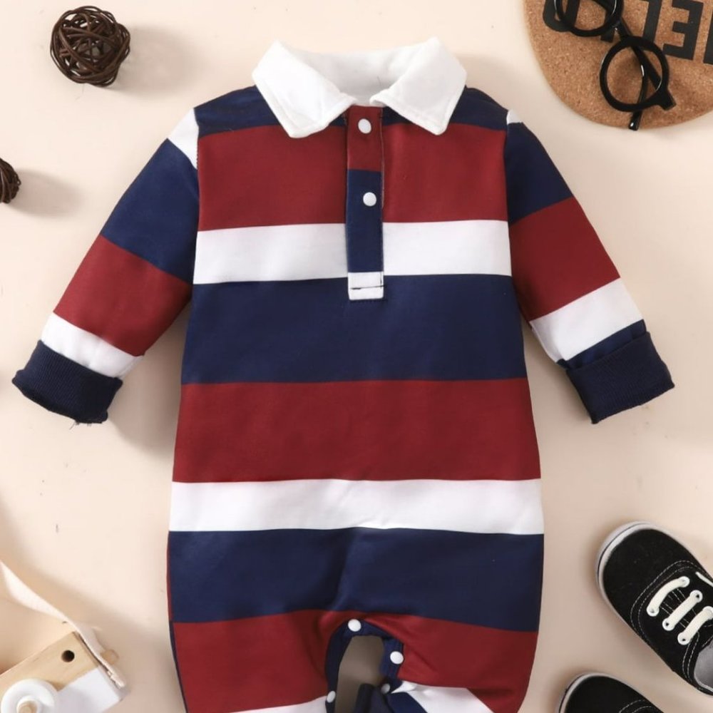 Baby Striped Collared Neck Jumpsuit